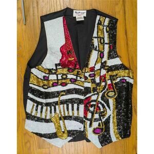 1990's Fashion Vest Sequin Beaded Jazzfest Musical Holiday Bedazzled